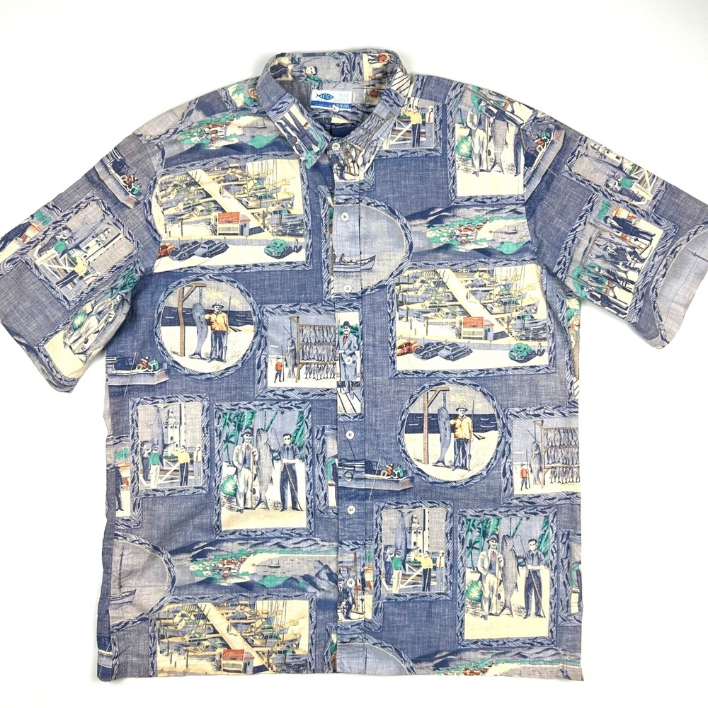 AFTCO Blue Water Wear Men XXL Sport Fishing Nautical Print Button Down Shirt